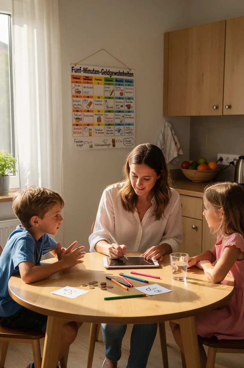 Familie überprüft gemeinsam das Tagesbudget am Tablet, um Ausgaben für Einkäufe, Kinder und Freizeit transparent zu planen.