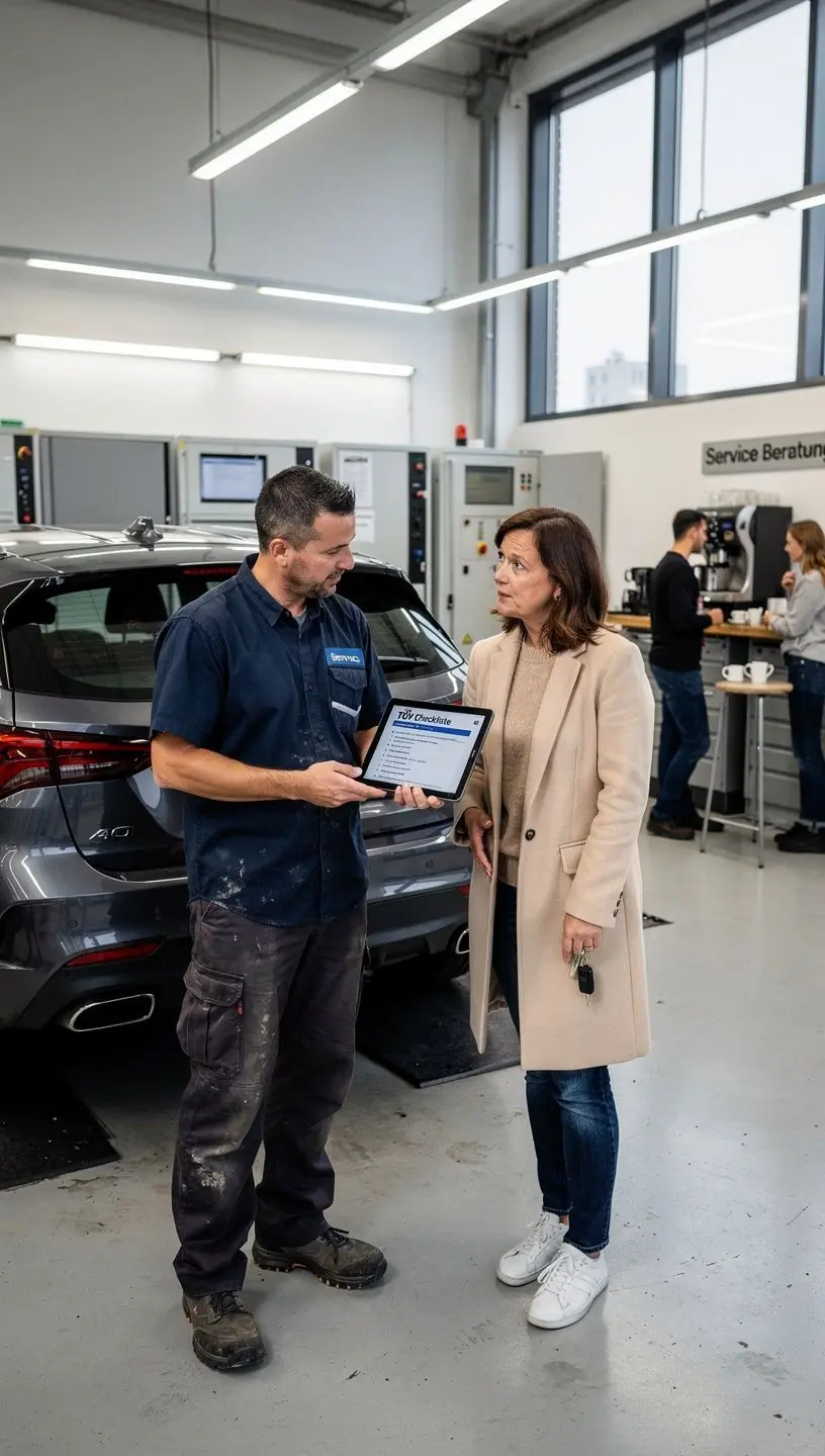 Detailaufnahme von Auto-Scheinwerferkontrolle während TÜV-Vorbereitung